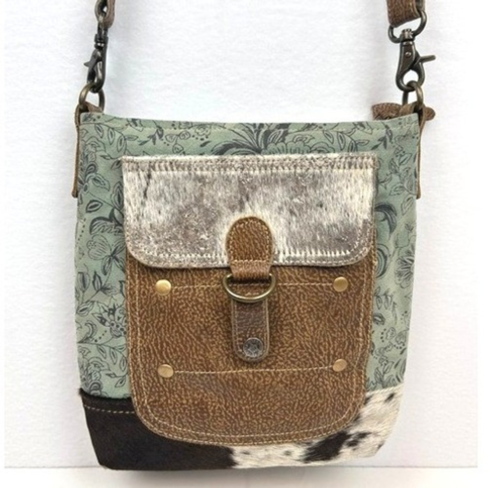 Myra Bag Mixed Media Floral Canvas Hair-on-Hide Crossbody Bag Brown Green